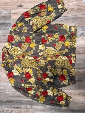 90’s Floral & Leopard Print Bomber Jacket in Multicolor 100 %Silk